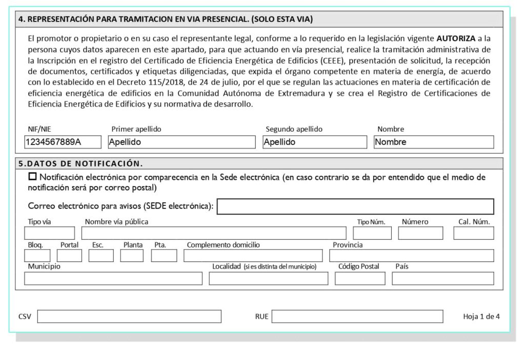 Solicitud para registrar el certificado energÃ©tico Extremadura.